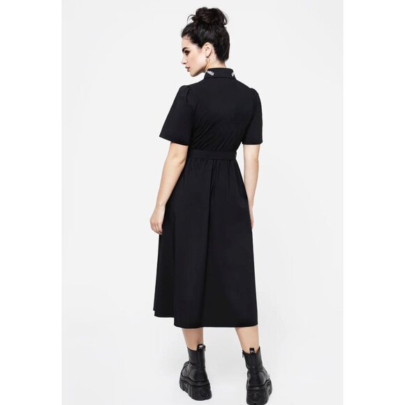 Disturbia Tempora Embroidered Midi Shirt Dress Skeleton Hand Belted Black US 12 - Picture 4 of 16